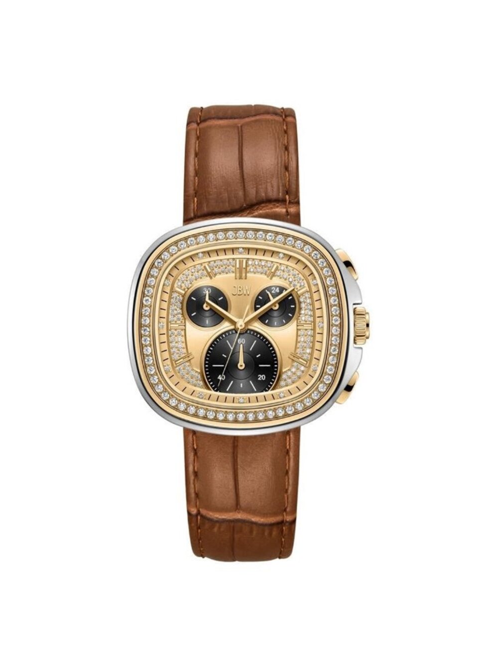 NWT JBW Coast Leather Chronograph GMT Quartz Diamond Gold Dial Men's Watch